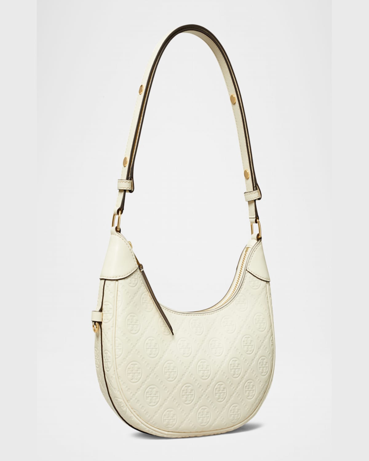 Tory Burch T Monogram Leather Crescent Shoulder Bag In Light Cream