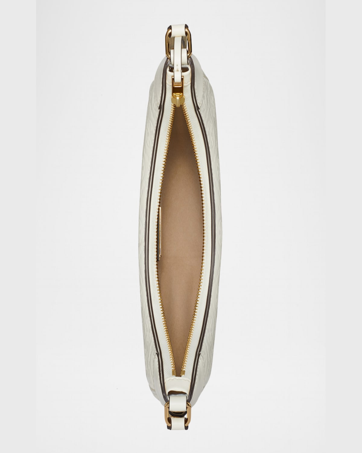 Tory Burch T Monogram Leather Crescent Shoulder Bag In Light Cream