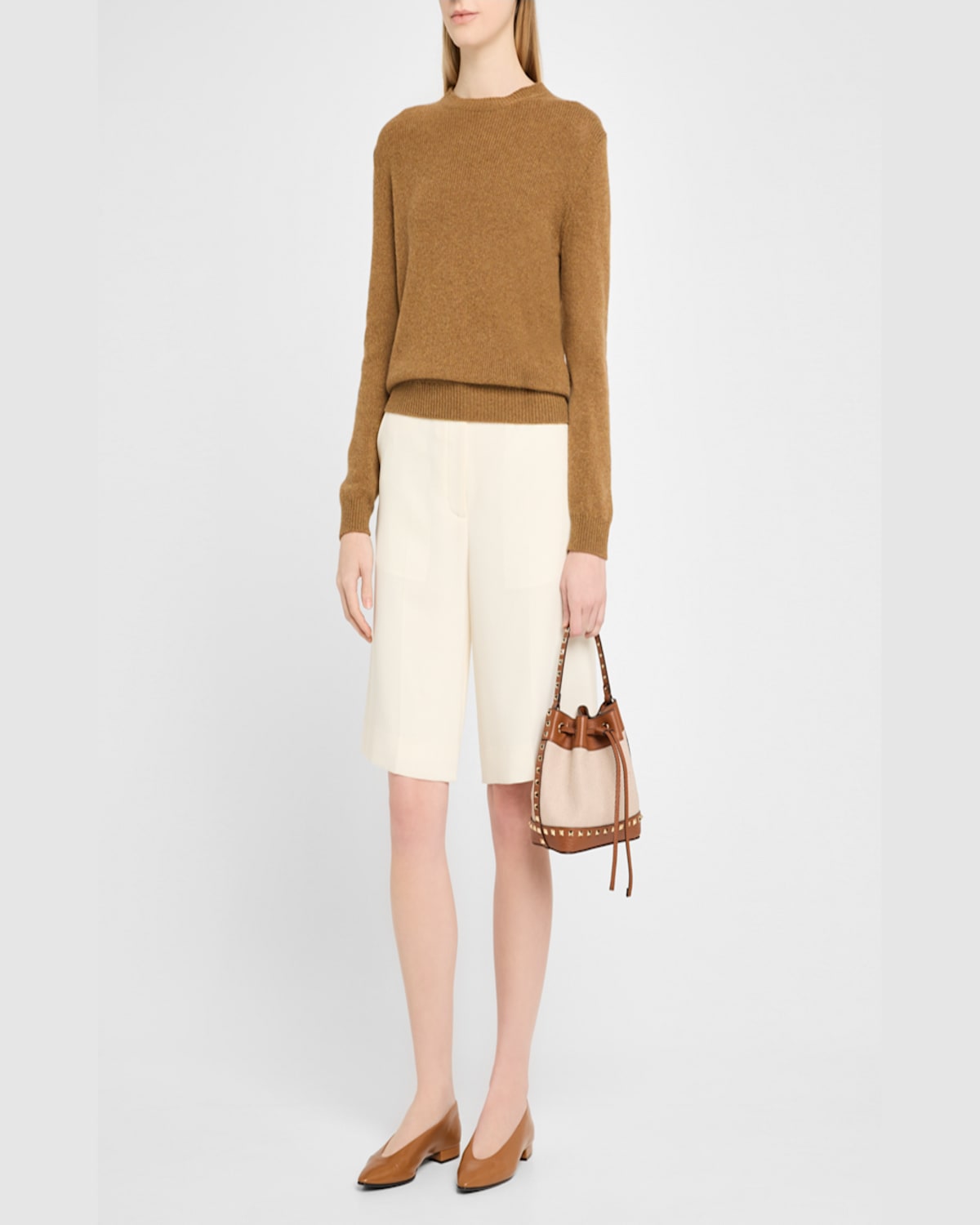 Valentino Garavani Women Rockstud Canvas Bucket Bag In Naturale Tobacco Selleria