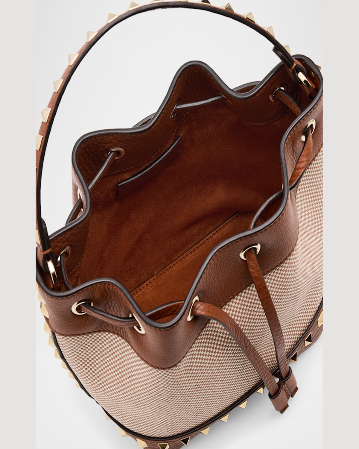 Valentino Garavani Women Rockstud Canvas Bucket Bag In Naturale Tobacco Selleria
