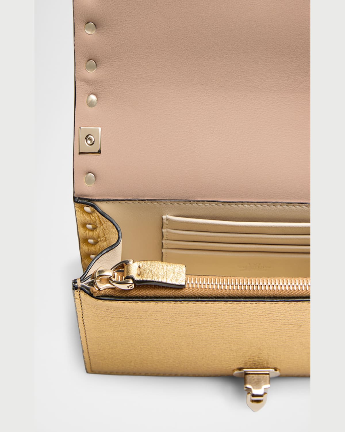 Valentino Mini Rockstud Metallic Leather Wallet On Chain In Old Gold