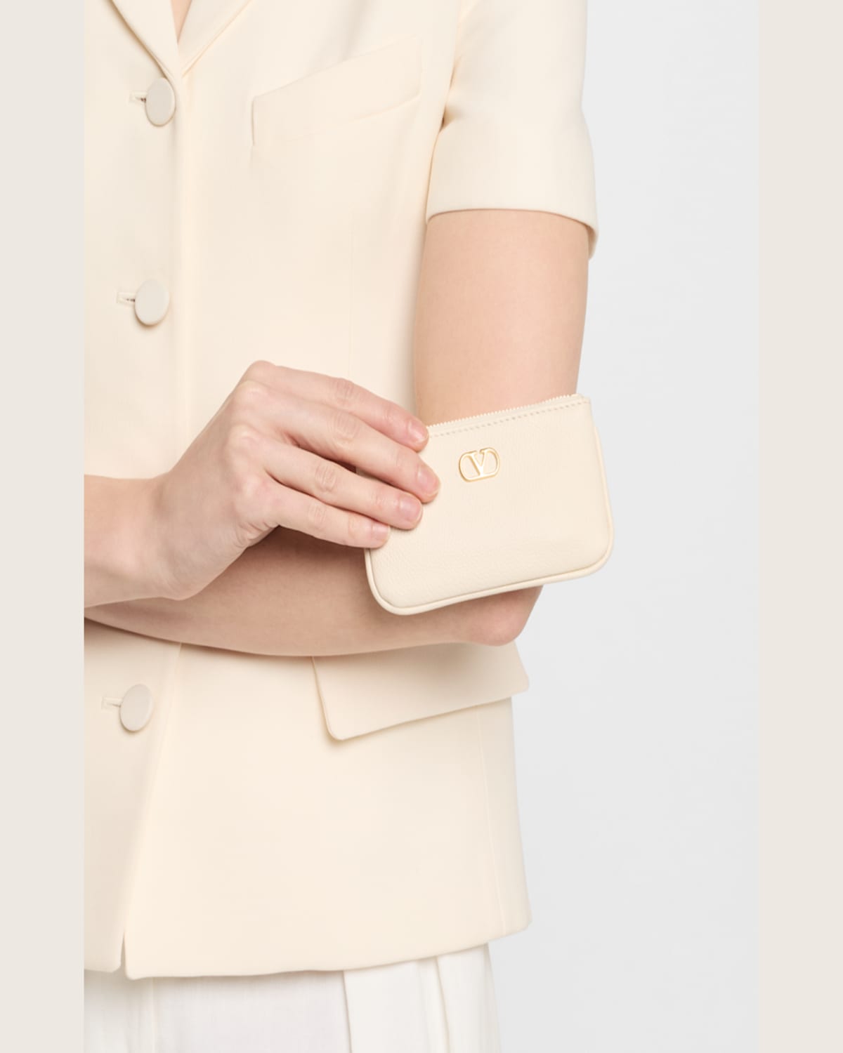 Valentino Vlogo Signature Leather Card Holder In Light Ivory