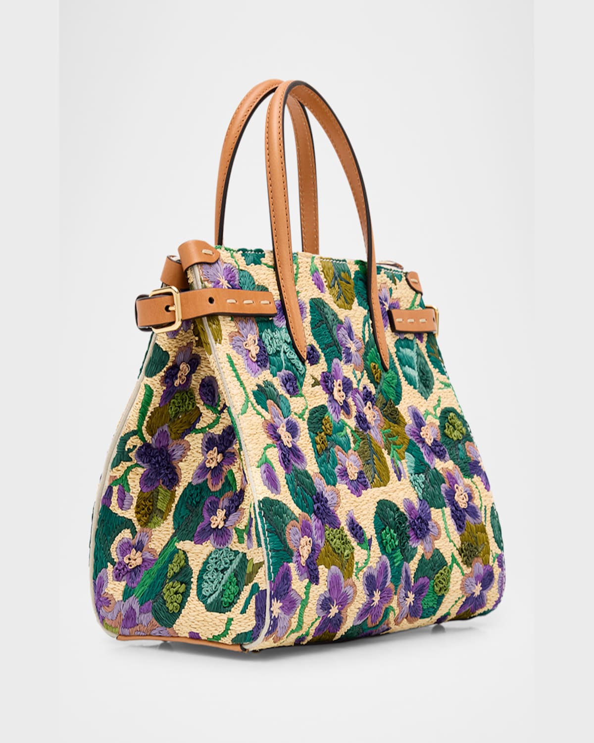 Valentino Antibes Small Violet Flower Raffia Tote Bag In Natural Multi Camel