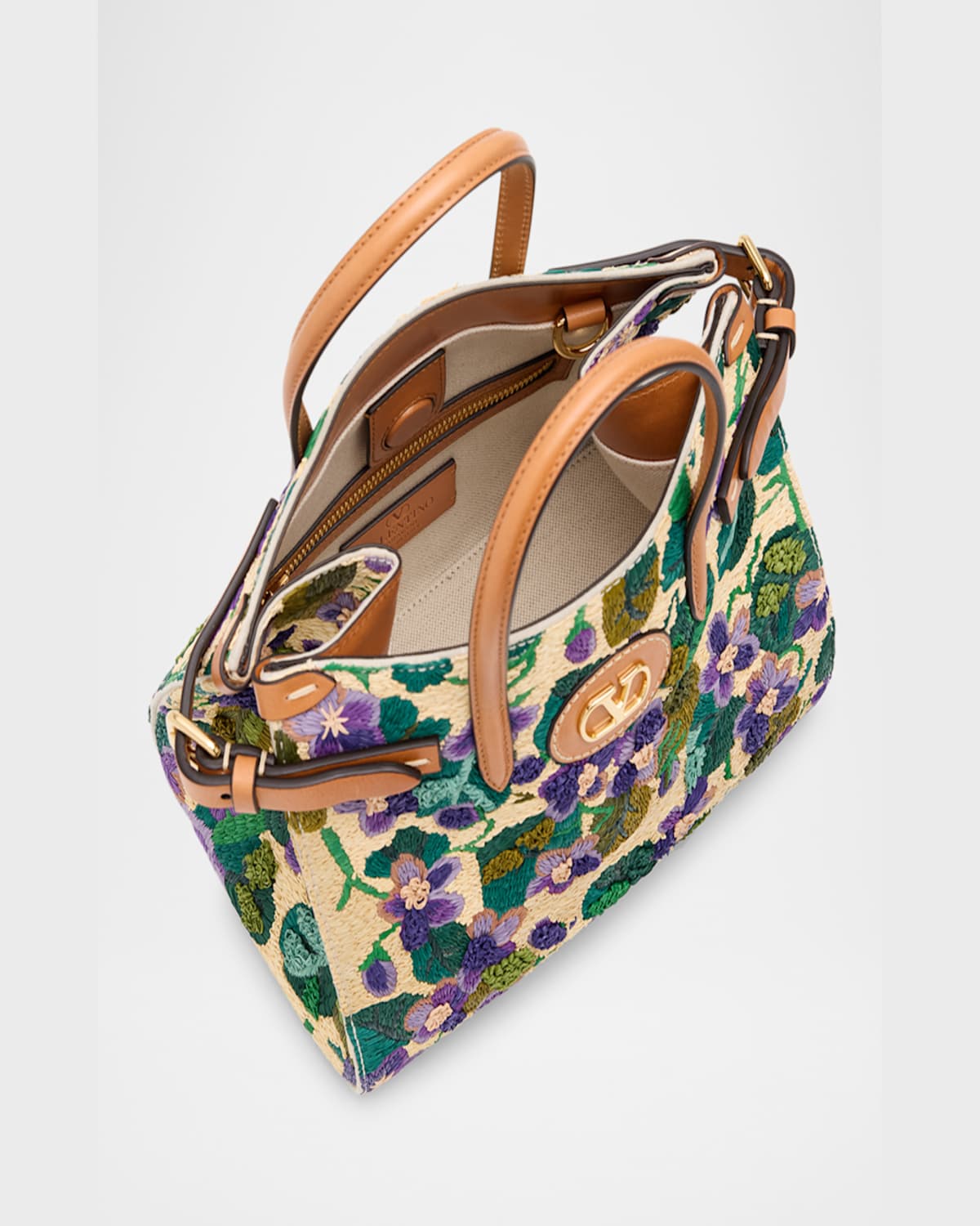 Valentino Antibes Small Violet Flower Raffia Tote Bag In Natural Multi Camel