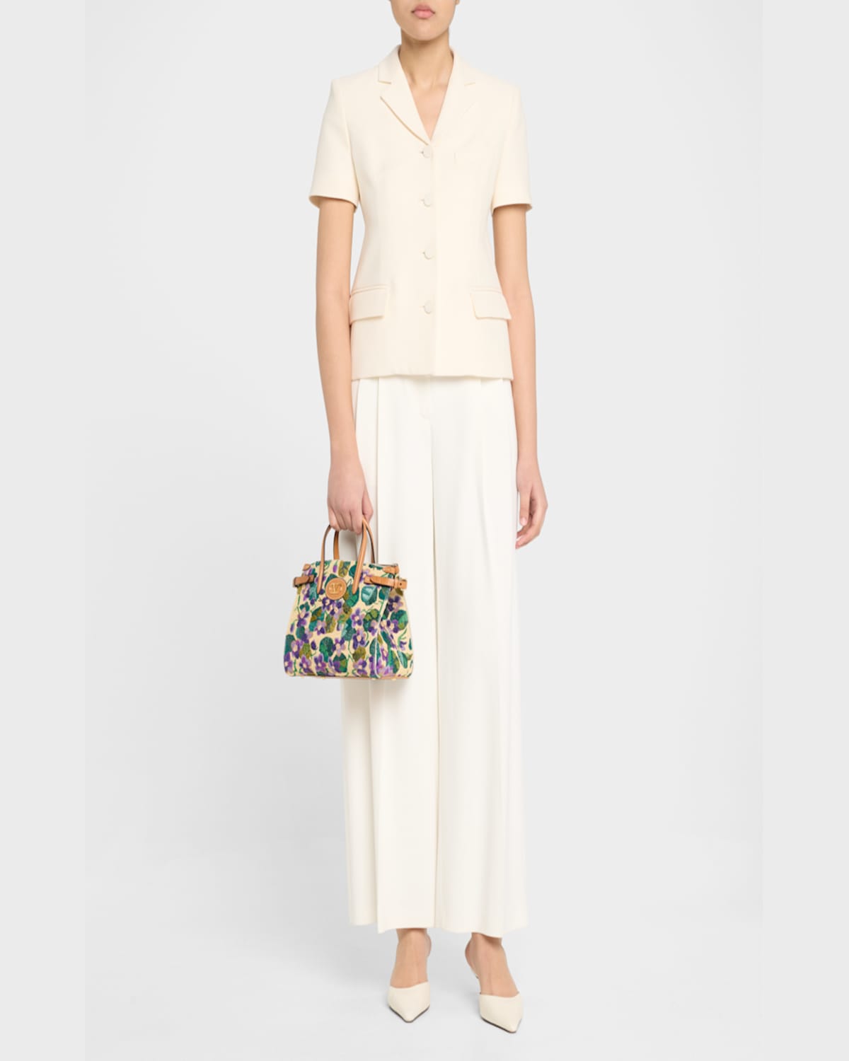 Valentino Antibes Small Violet Flower Raffia Tote Bag In Natural Multi Camel