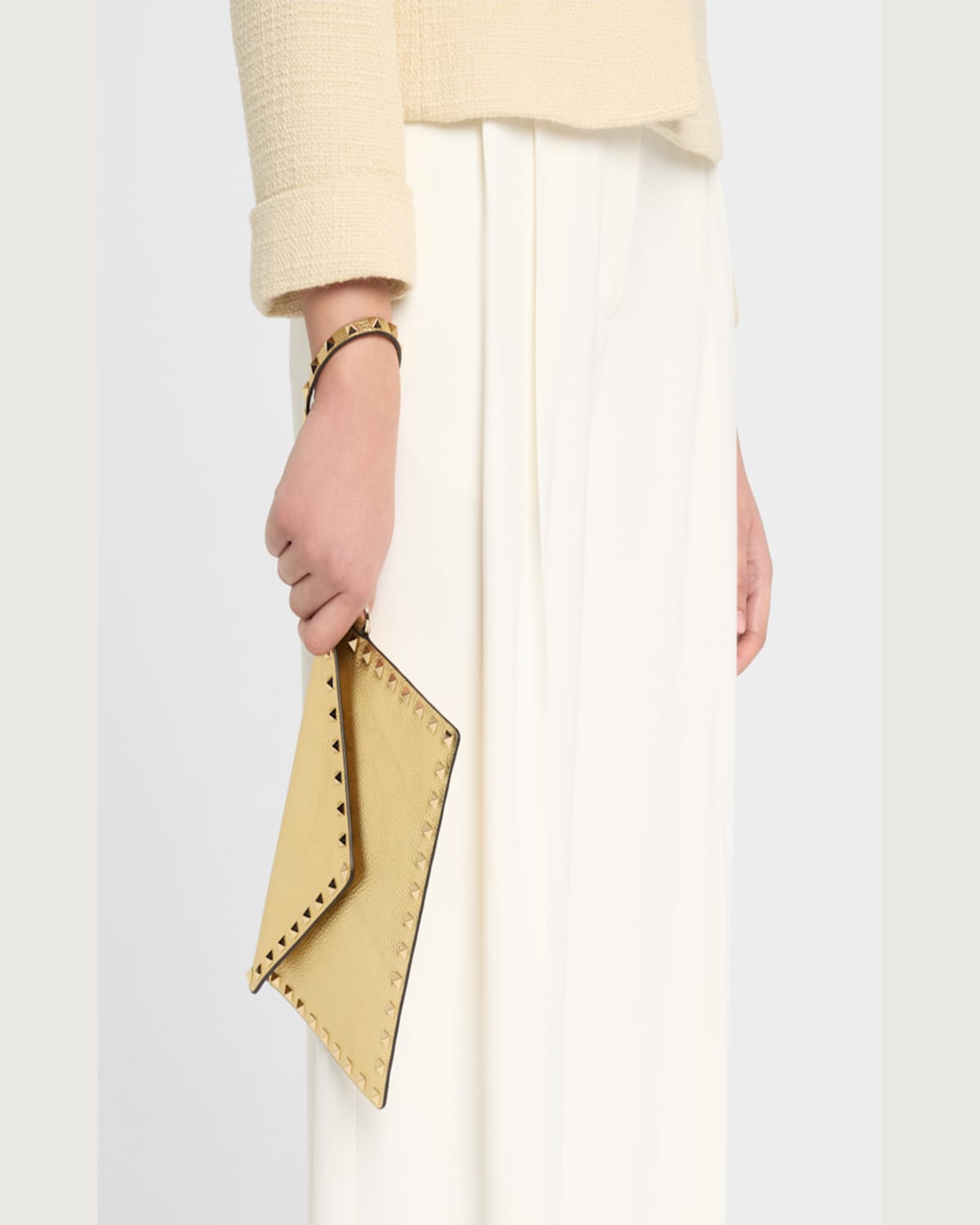 Valentino Rockstud Laminated Grainy Calfskin Clutch Bag In Old Gold