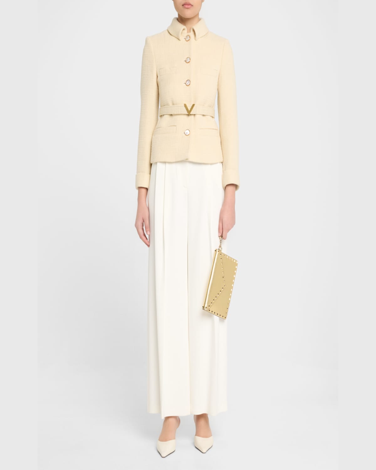 Valentino Rockstud Laminated Grainy Calfskin Clutch Bag In Old Gold