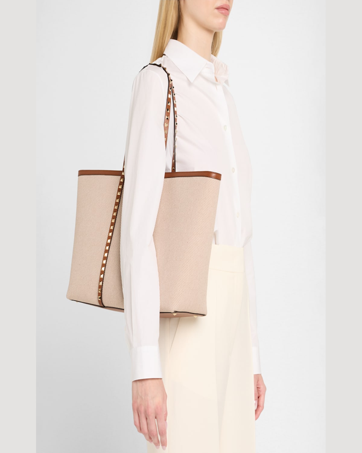 Valentino Rockstud Medium Canvas Tote Bag In Natural Tobacco Selleria