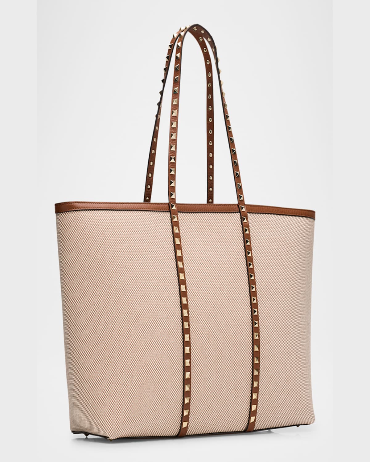 Valentino Rockstud Medium Canvas Tote Bag In Natural Tobacco Selleria