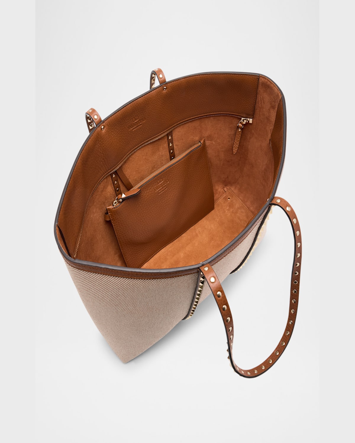Valentino Rockstud Medium Canvas Tote Bag In Natural Tobacco Selleria