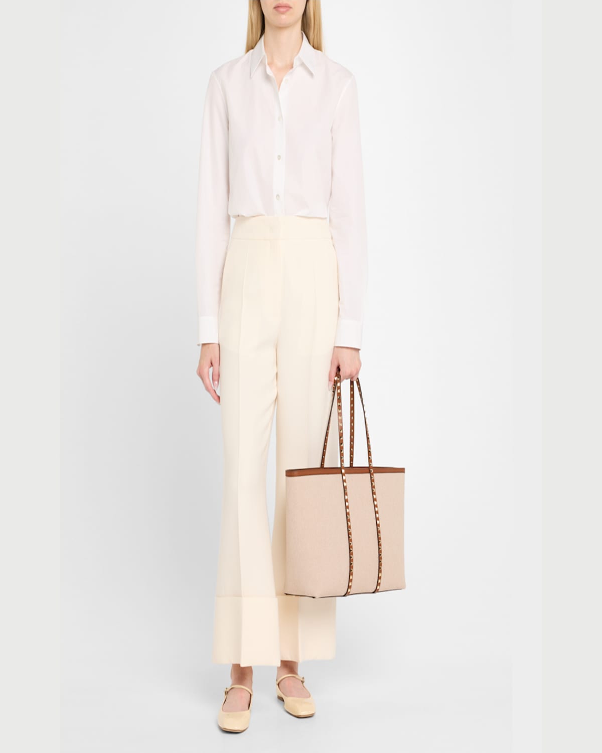 Valentino Rockstud Medium Canvas Tote Bag In Natural Tobacco Selleria