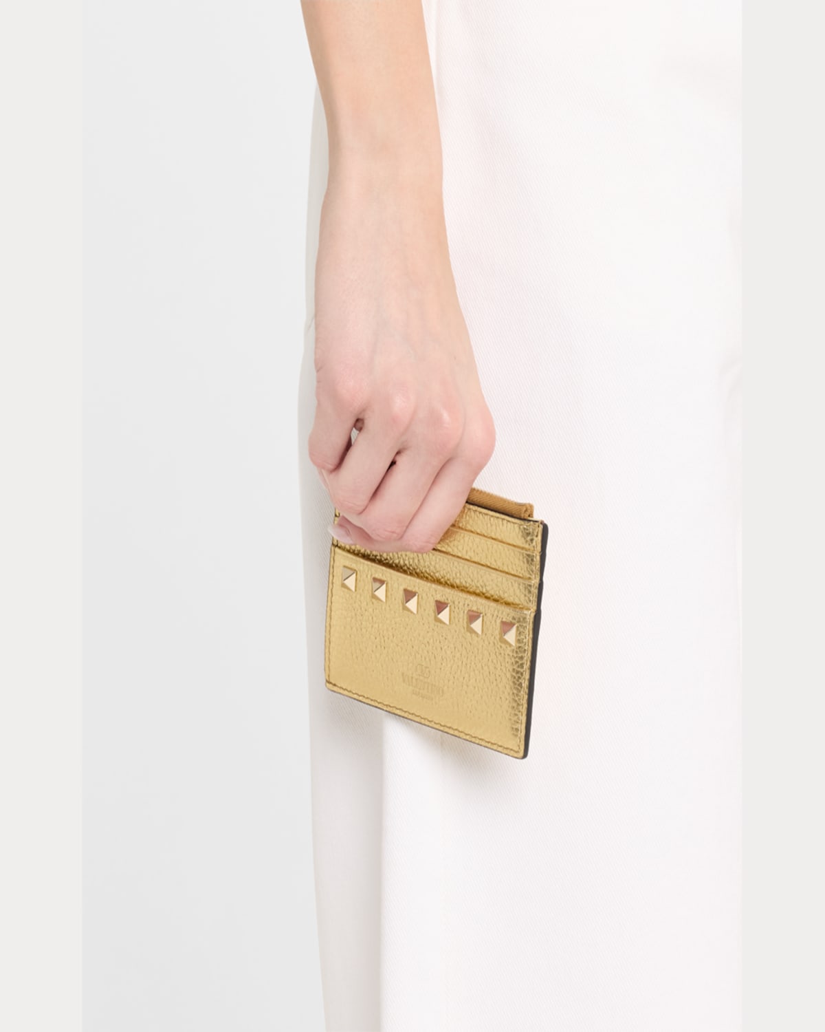 Valentino Rockstud Metallic Leather Card Case In Old Gold
