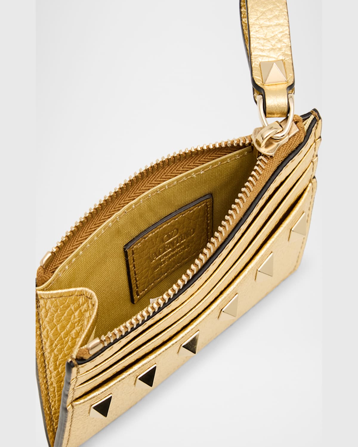 Valentino Rockstud Metallic Leather Card Case In Old Gold
