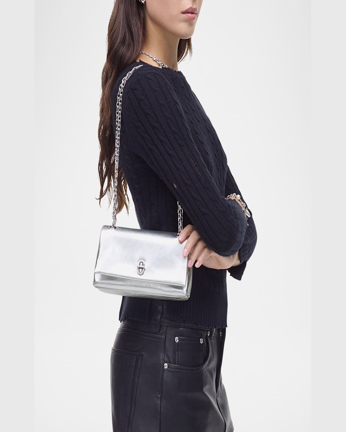Marc Jacobs Womens The Dual Leather Wallet On Chain Silver In Silver