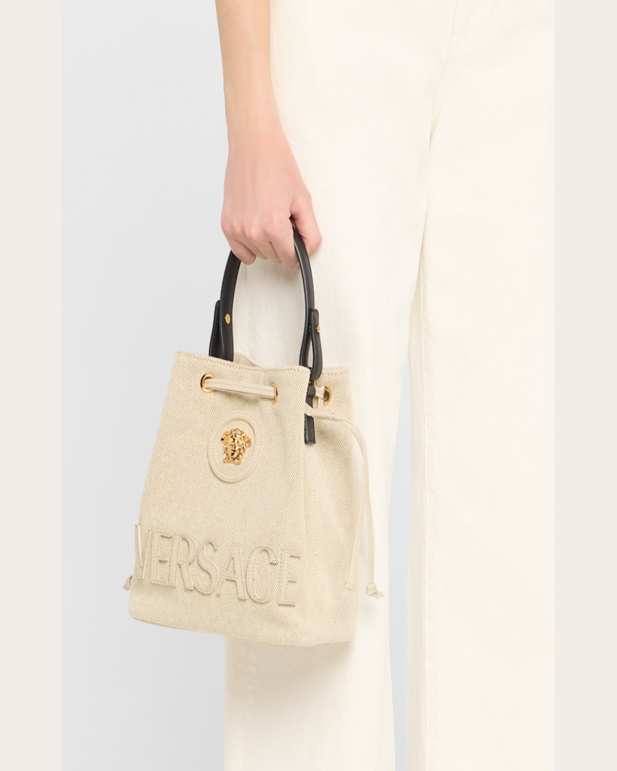 Versace La Medusa Canvas Bucket Bag In Rope Ice Black