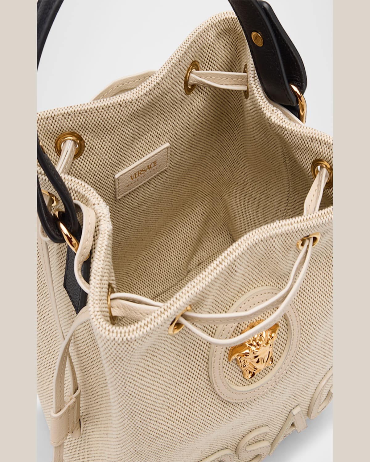 Versace La Medusa Canvas Bucket Bag In Rope Ice Black