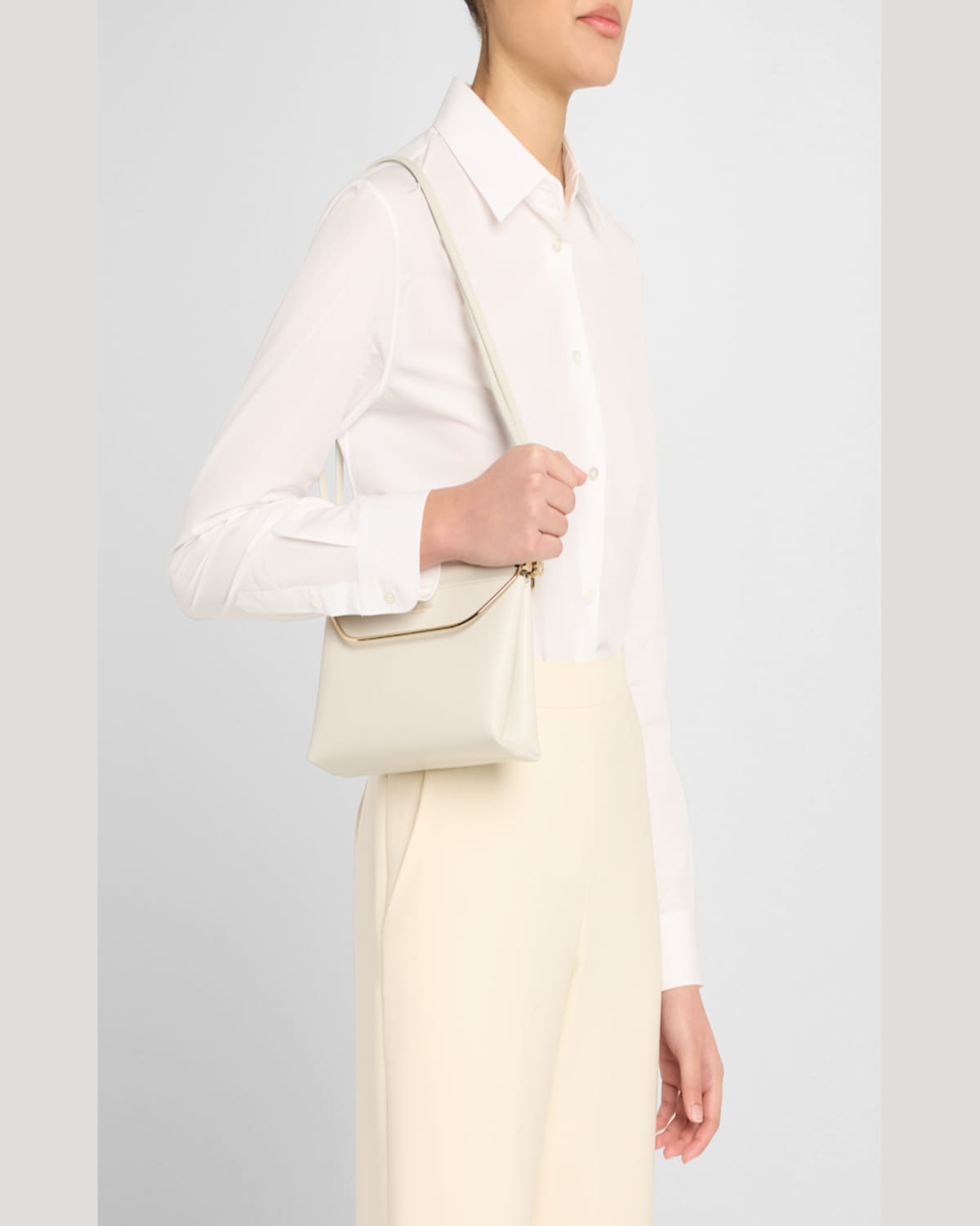 Shop Giorgio Armani Avenue Small Polished Leather Shoulder Bag In Chalk