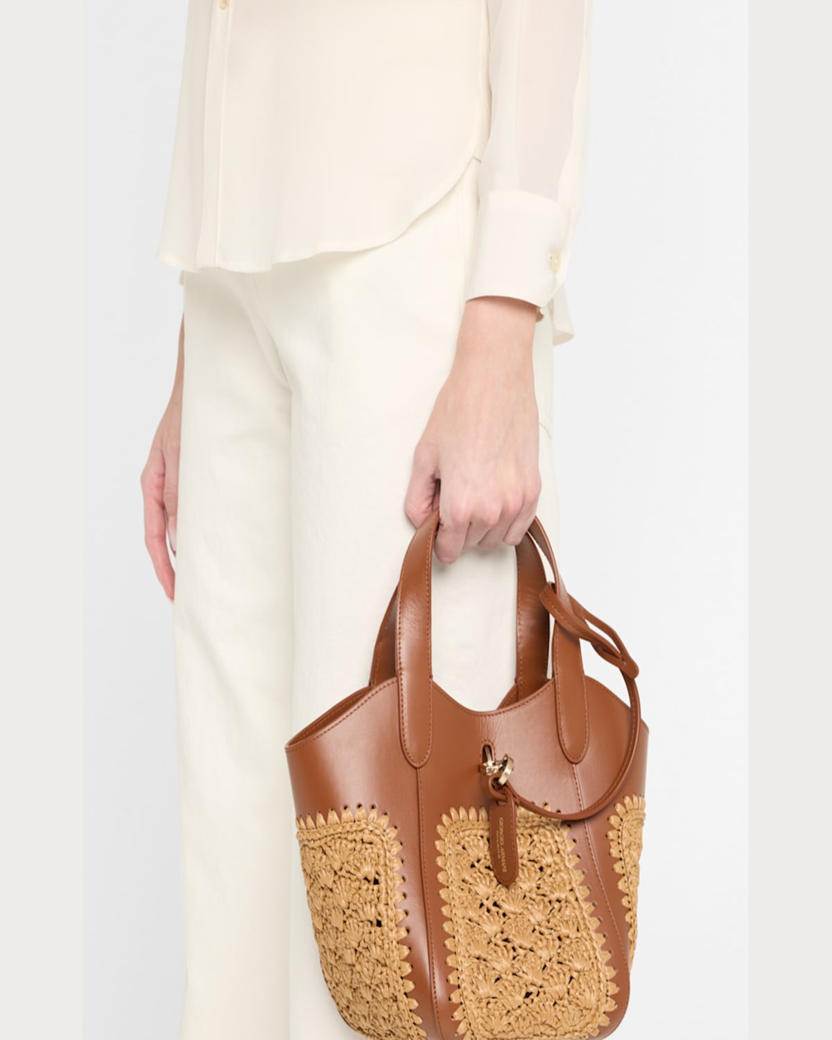 Shop Giorgio Armani Gem Small Fan-stitch Tote Bag In Ecru