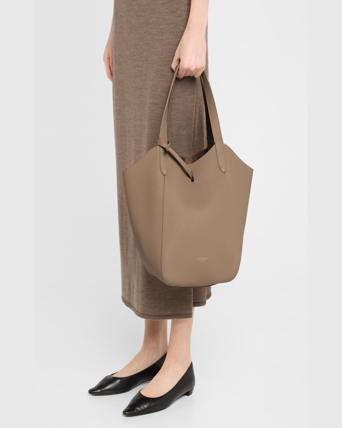 Shop Giorgio Armani Gem Medium Grain Leather Tote Bag In Taupe