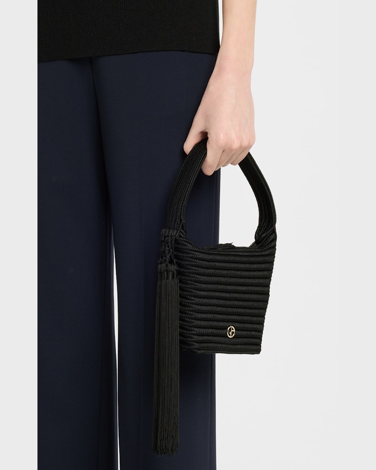 Giorgio Armani La Prima Mini Tassel Woven Hobo Bag In Black