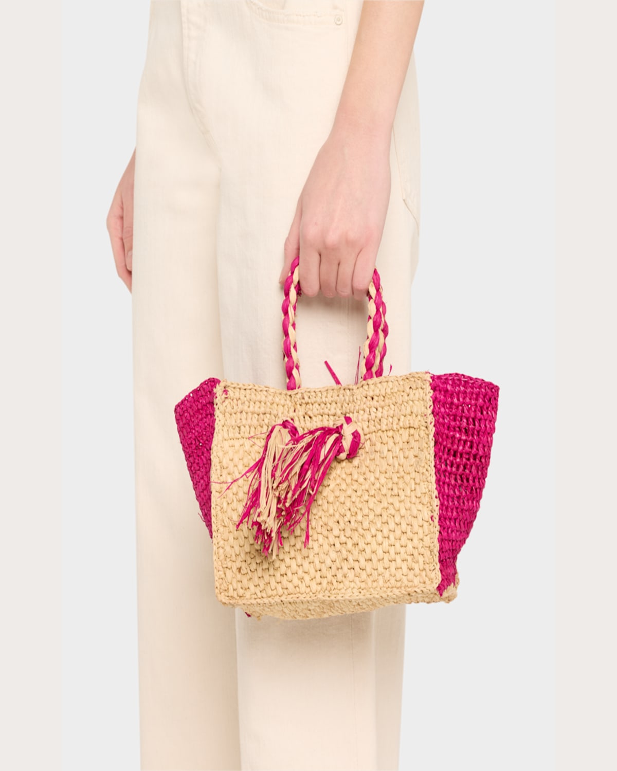 Btb Los Angeles Lucas Mini Tassel Raffia Tote Bag In Naturalfuchsia