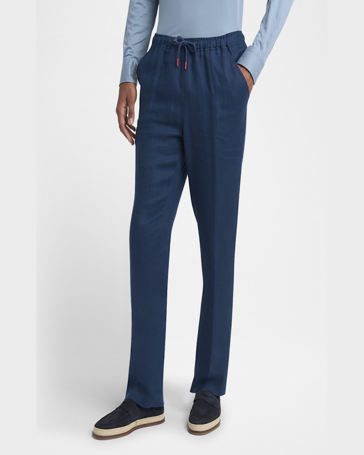 Kiton Men's Linen Drawstring Flat-front Pants In Navy