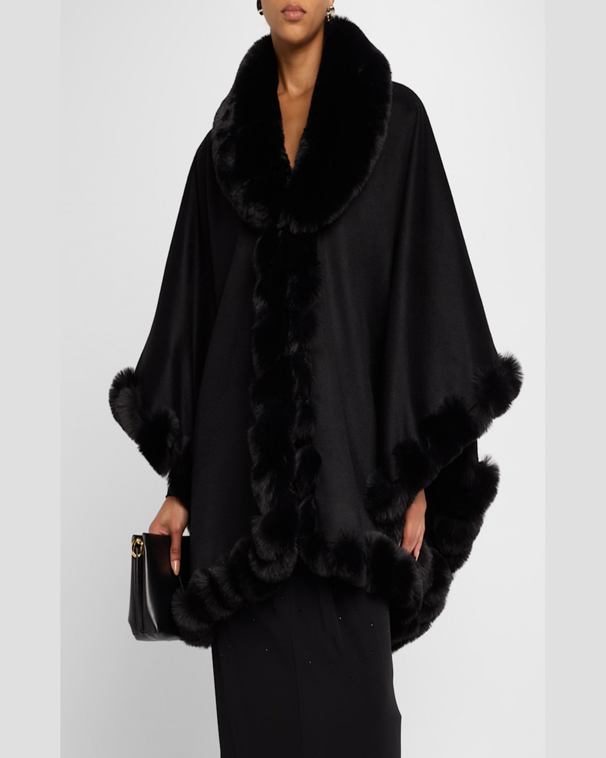 Sofia Cashmere Cashmere Faux Fur Trim Cape In Blk
