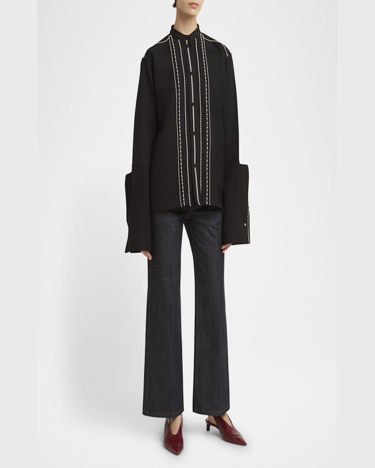 Jil Sander Embroidered Trim Button Down Blouse In Black