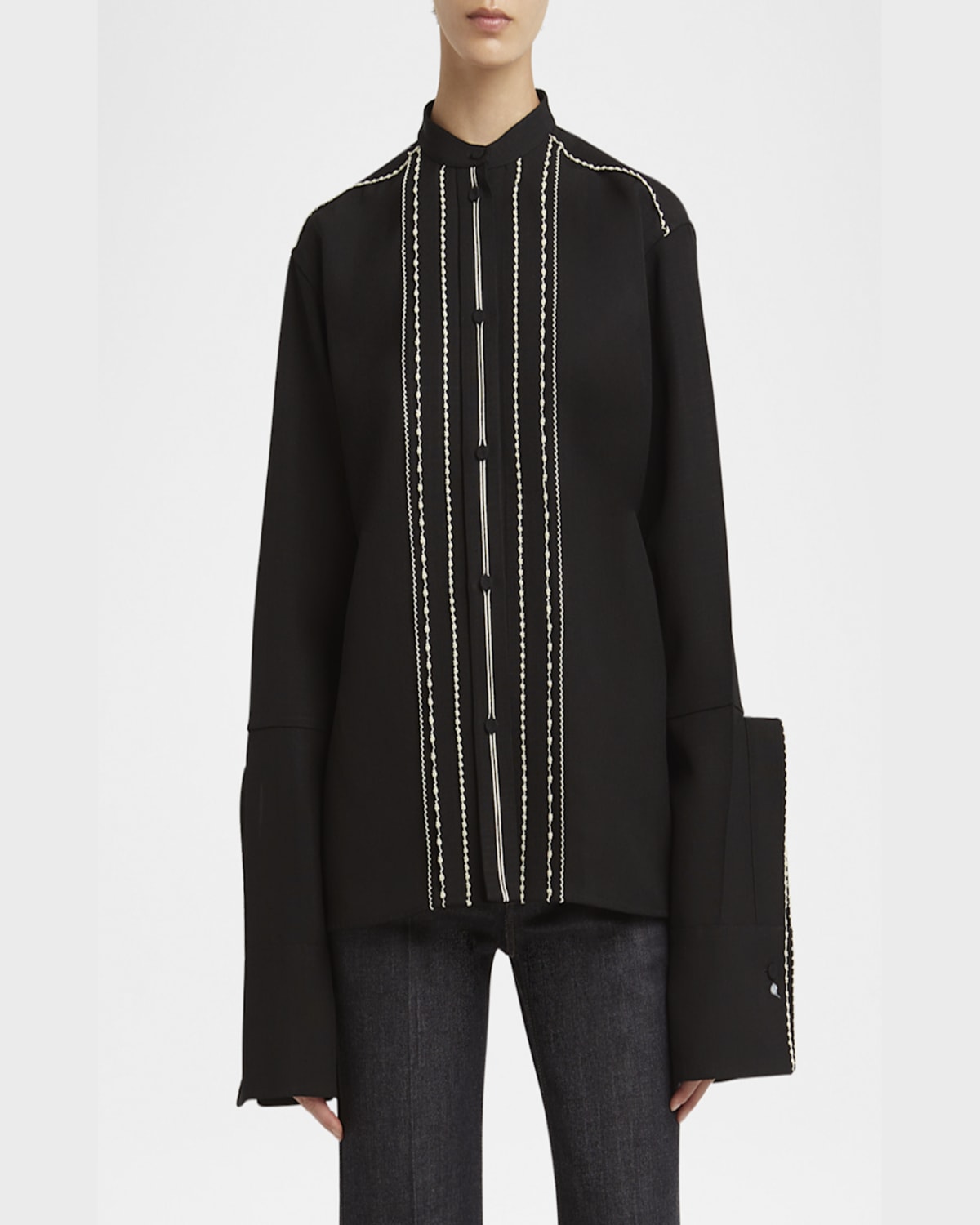 Jil Sander Embroidered Trim Button Down Blouse In Black