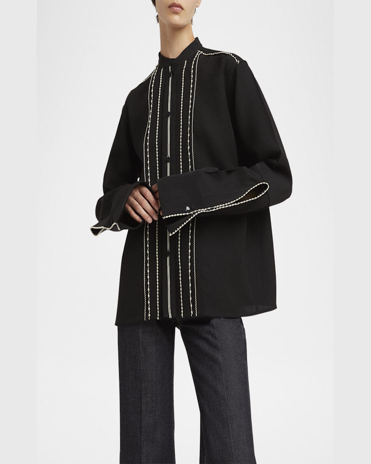 Jil Sander Embroidered Trim Button Down Blouse In Black