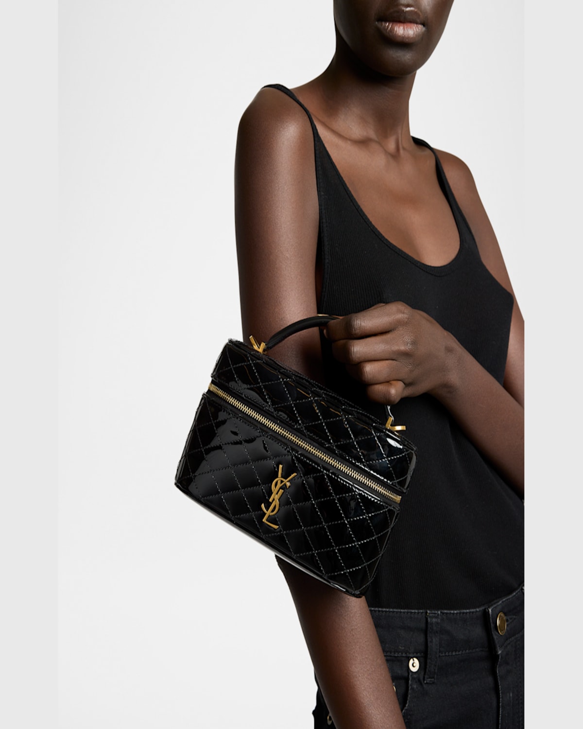 Saint Laurent Vanity Ysl Top-handle Bag In Quilted Patent Leather In Black