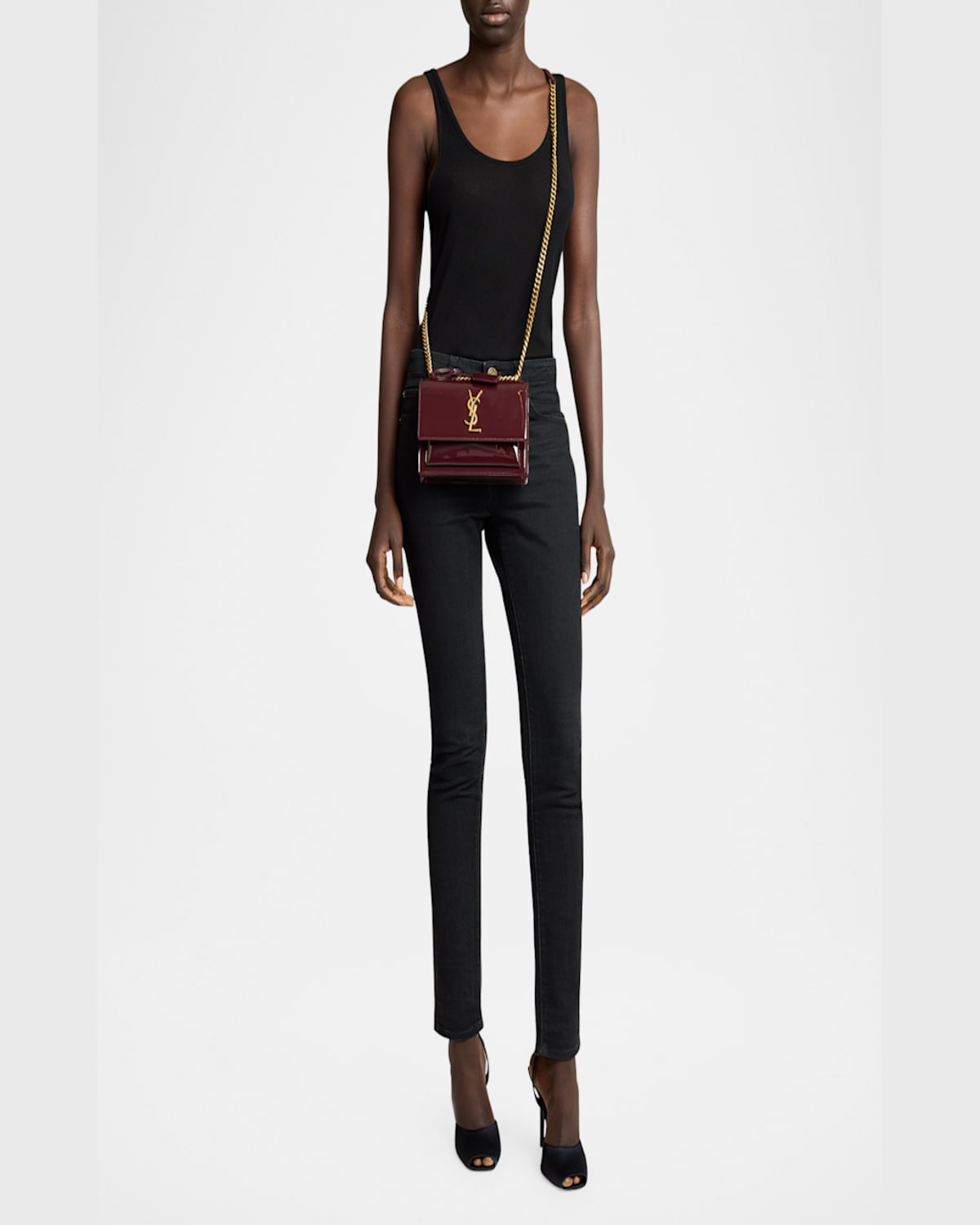 Saint Laurent Sunset Small Ysl Crossbody Bag In Patent Leather In Dark Red Wine