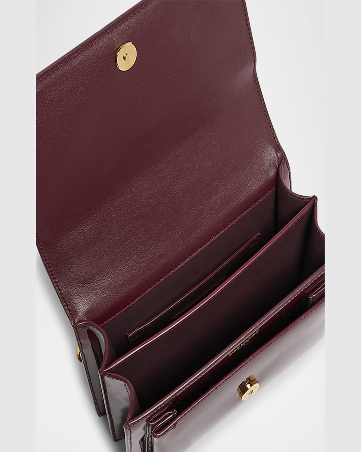 Saint Laurent Sunset Small Ysl Crossbody Bag In Patent Leather In Dark Red Wine