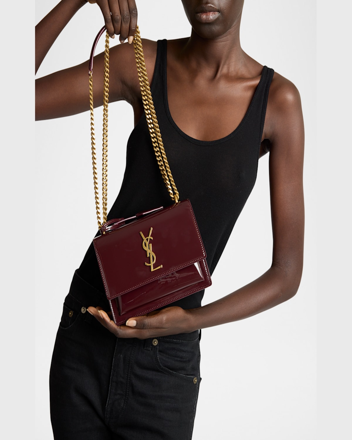 Saint Laurent Sunset Small Ysl Crossbody Bag In Patent Leather In Dark Red Wine
