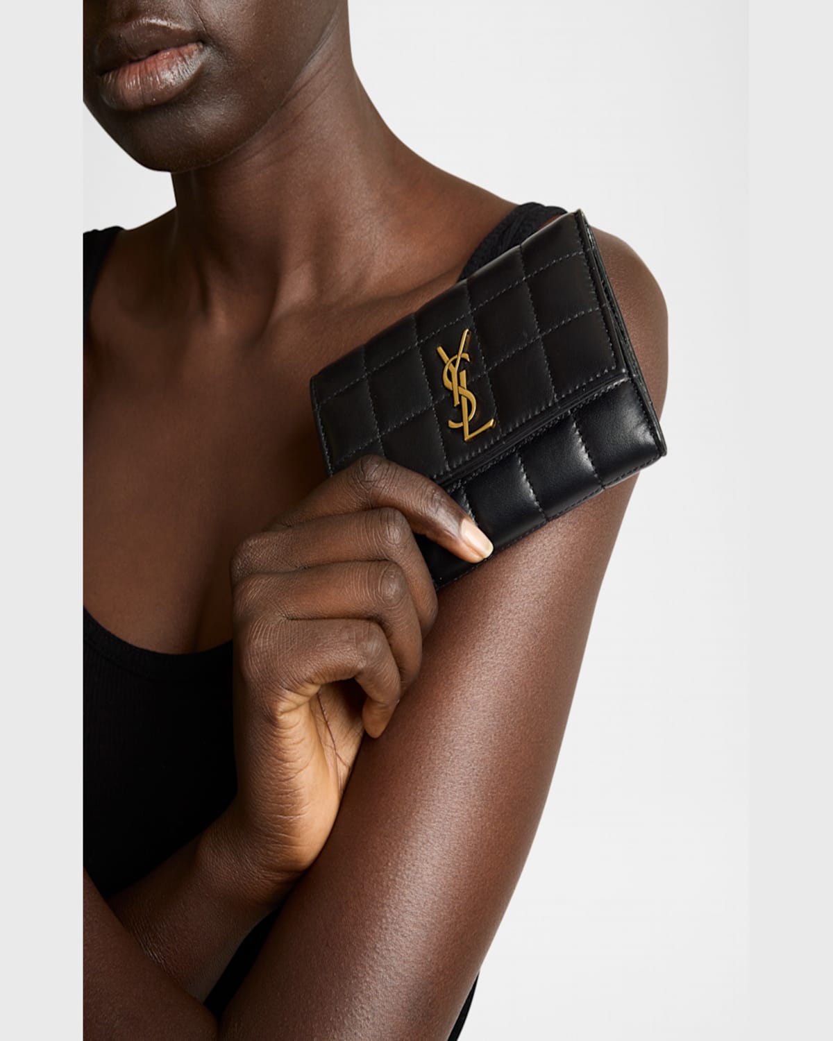 Saint Laurent Ysl Slim Trifold Wallet In Quilted Leather In Noir