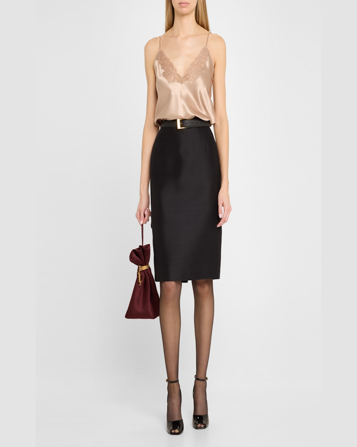 Saint Laurent Ysl Evening Pouch In Satin With Cord Strap In Griotte Bordeaux