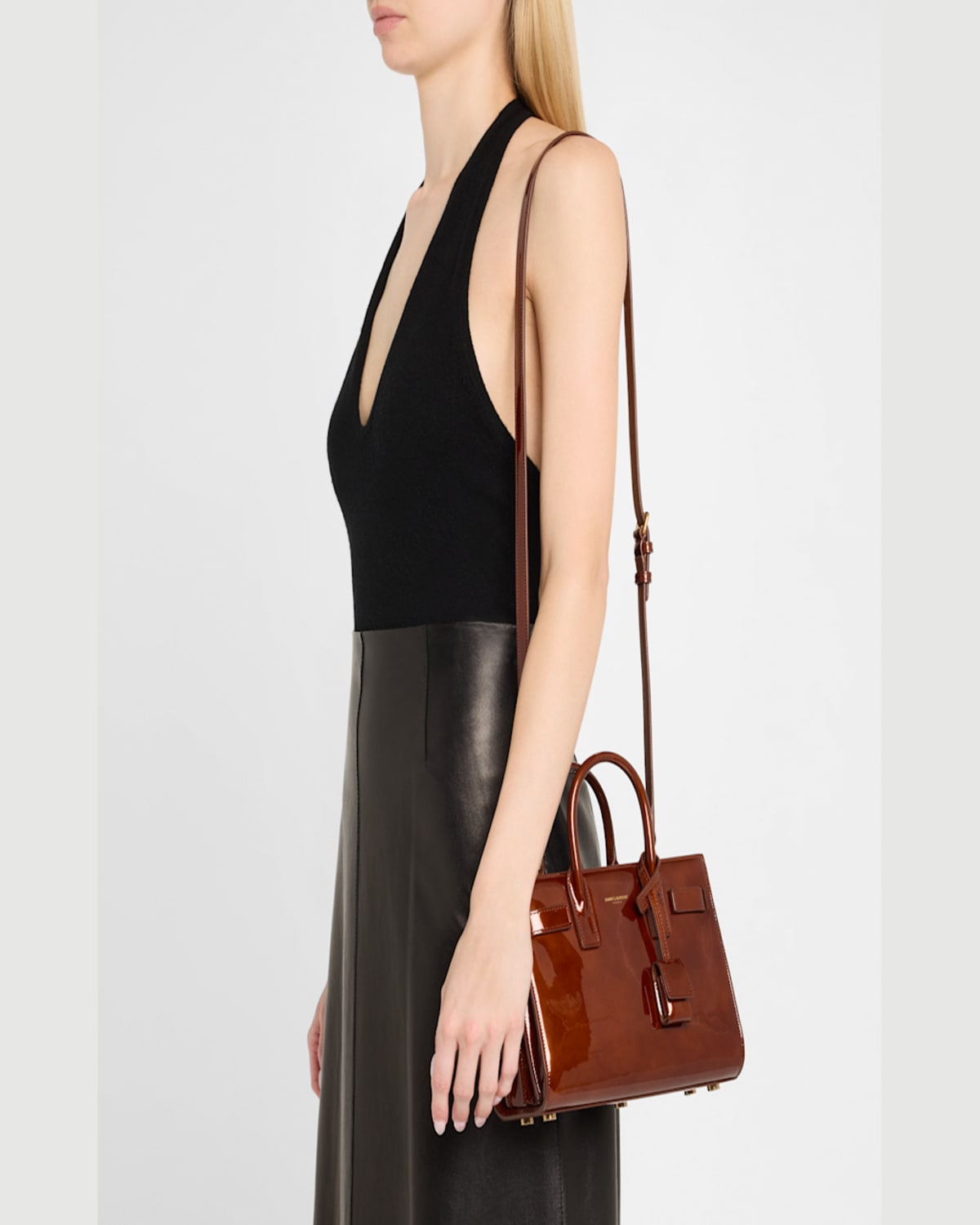 Saint Laurent Sac De Jour Nano Top-handle Bag In Patent Leather In Chataigne