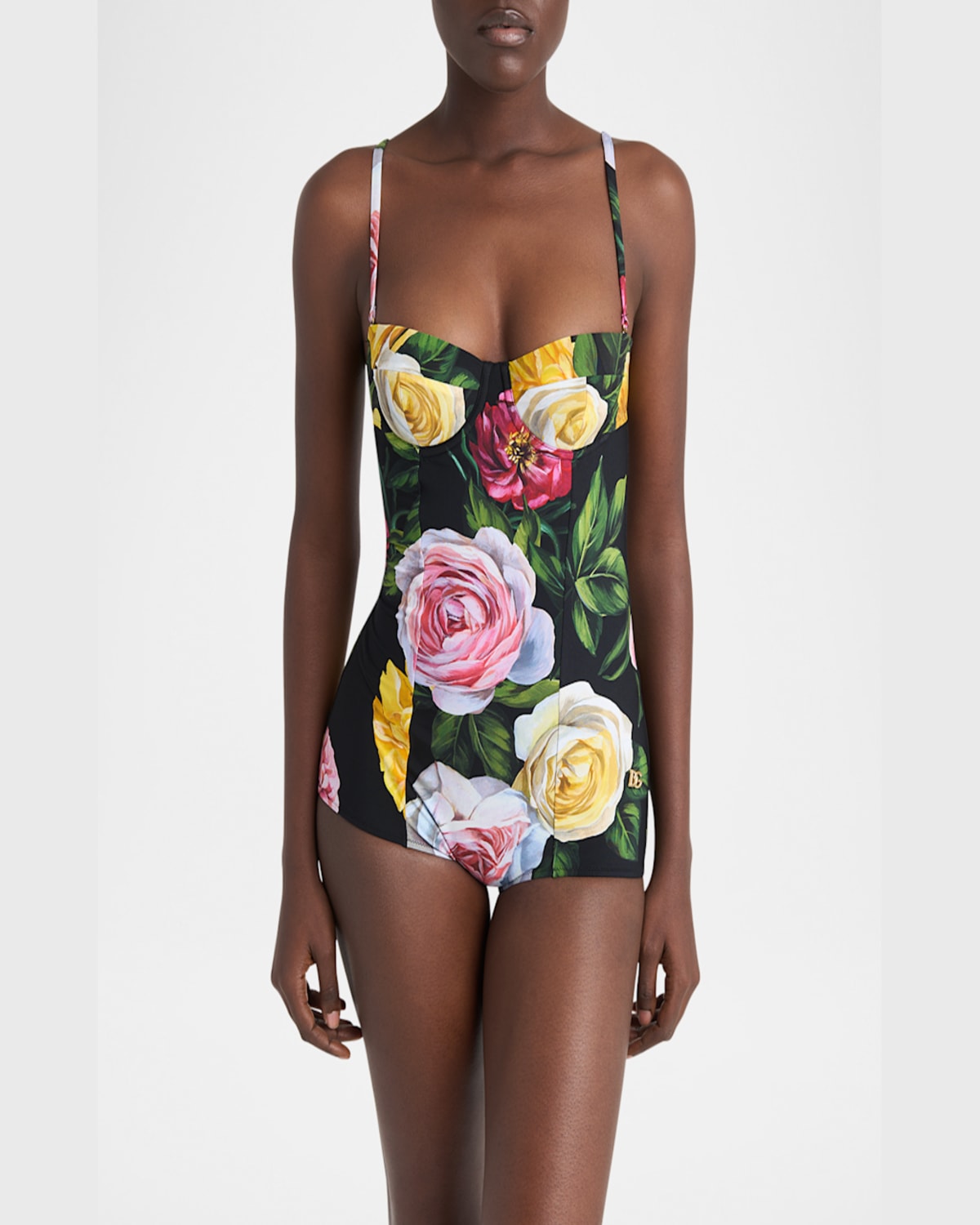 Dolce & Gabbana Multicolor One-piece Swimsuit With Buckle With Logo On The Rear And All-over Floral Print In Tech Fa In Peonie/rose F.nero