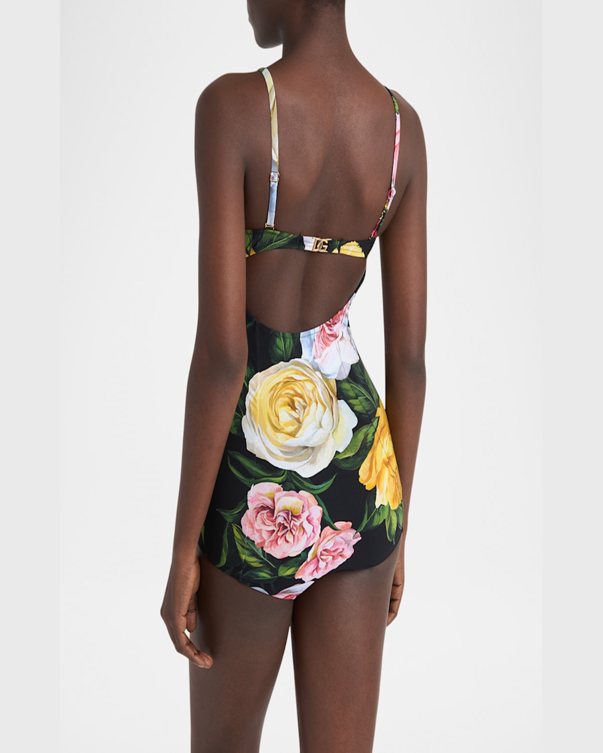 Dolce & Gabbana Multicolor One-piece Swimsuit With Buckle With Logo On The Rear And All-over Floral Print In Tech Fa In Peonie/rose F.nero