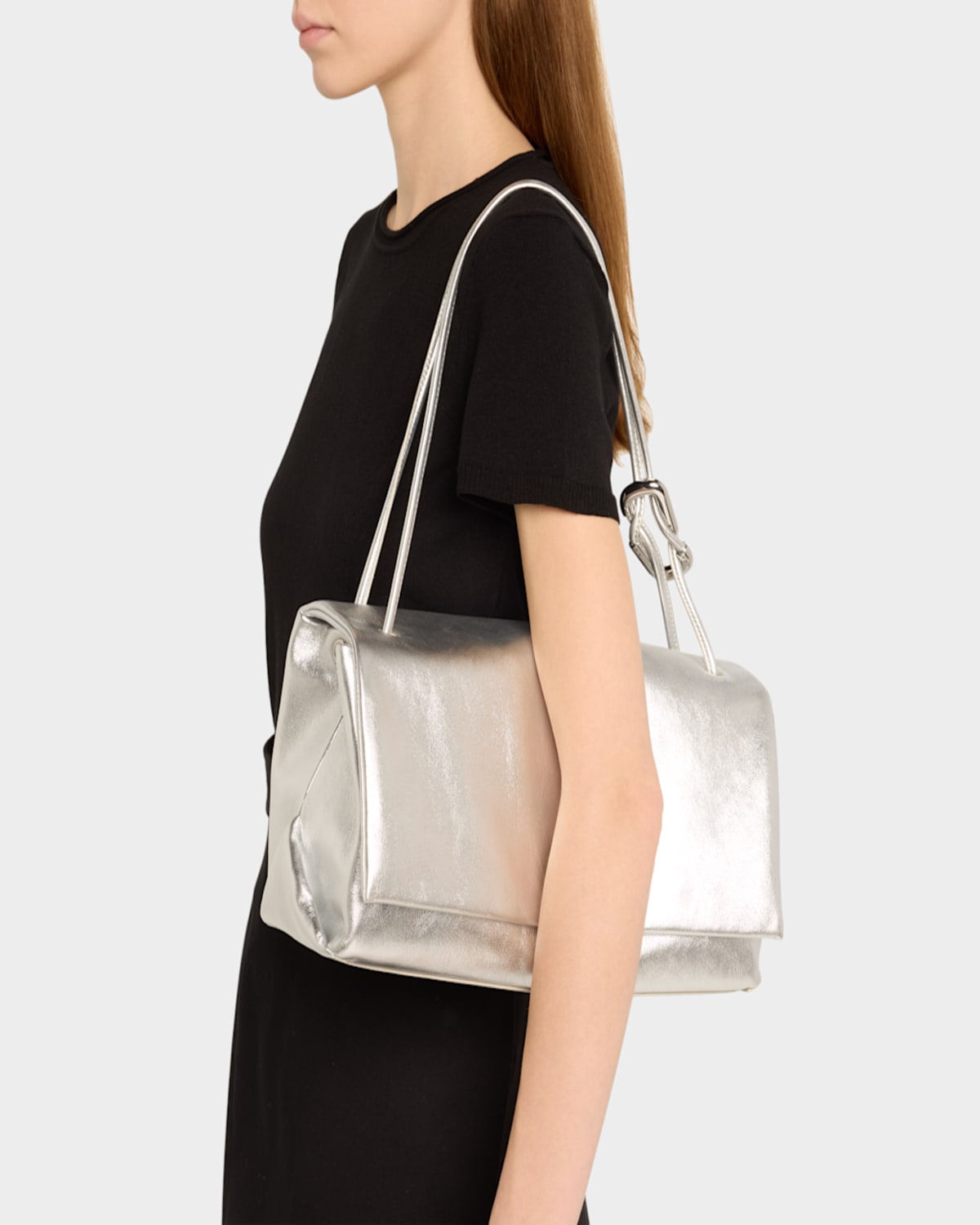 Marc Jacobs Metallic Leather Large Dual Shoulder Bag In Silver