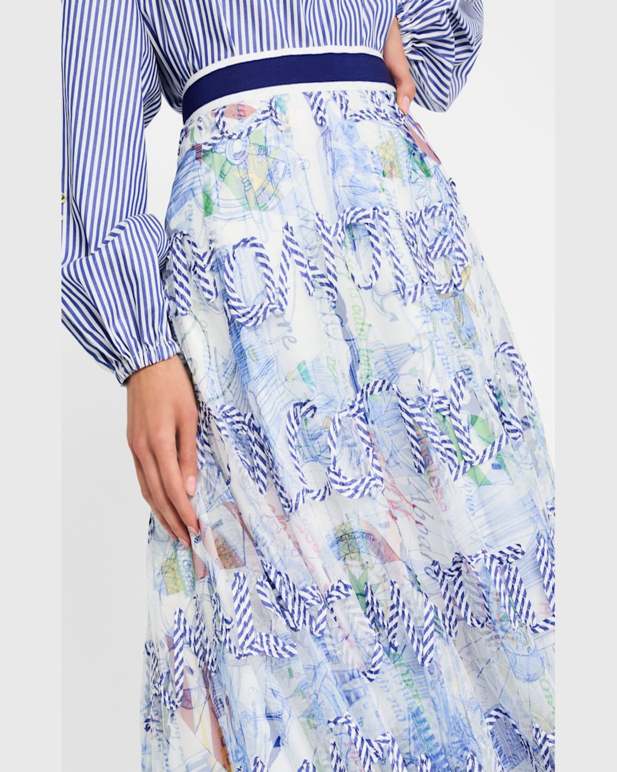 MAISON COMMON SCRIPT-EMBROIDERED NAUTICAL TULLE MIDI SKIRT 