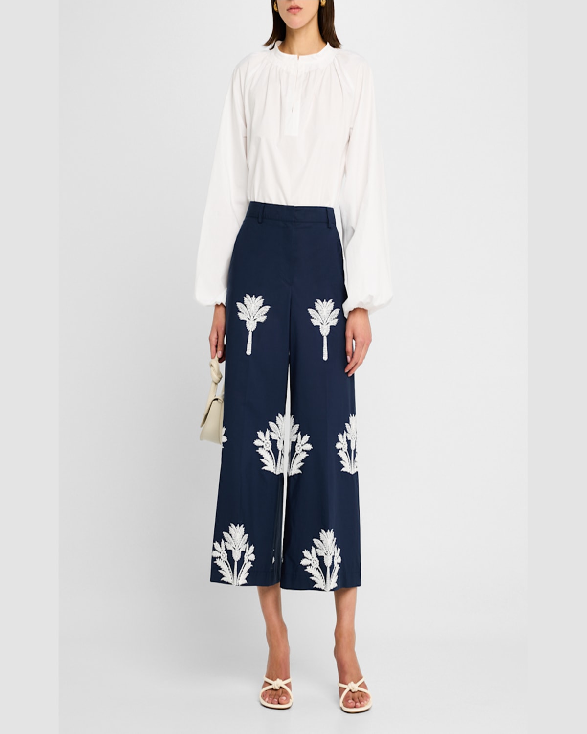 MAISON COMMON PALM-EMBROIDERED COTTON WIDE-LEG CROP PANTS 
