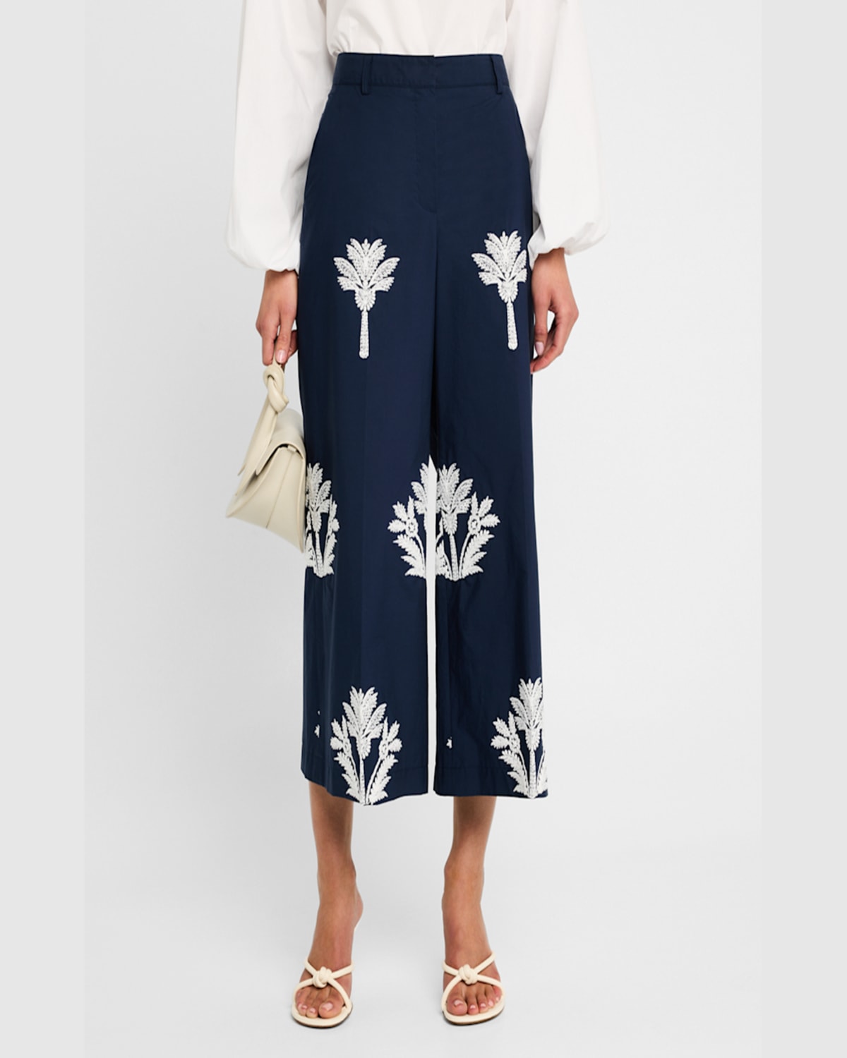 MAISON COMMON PALM-EMBROIDERED COTTON WIDE-LEG CROP PANTS 