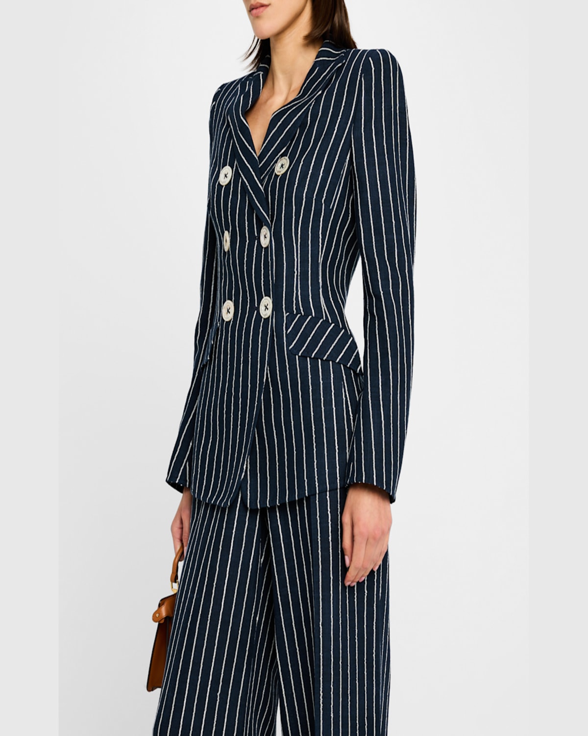 MAISON COMMON CHAIN PINSTRIPED LINEN-BLEND DOUBLE-BREASTED JACKET 