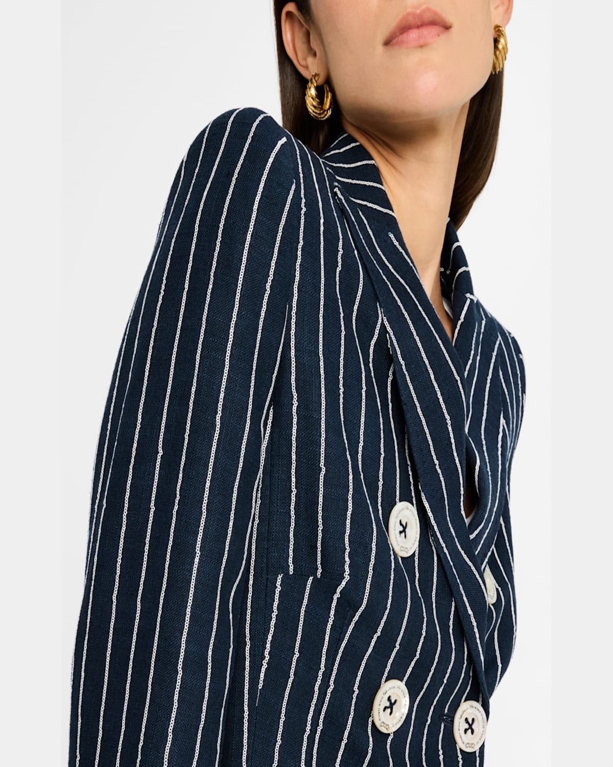 MAISON COMMON CHAIN PINSTRIPED LINEN-BLEND DOUBLE-BREASTED JACKET 