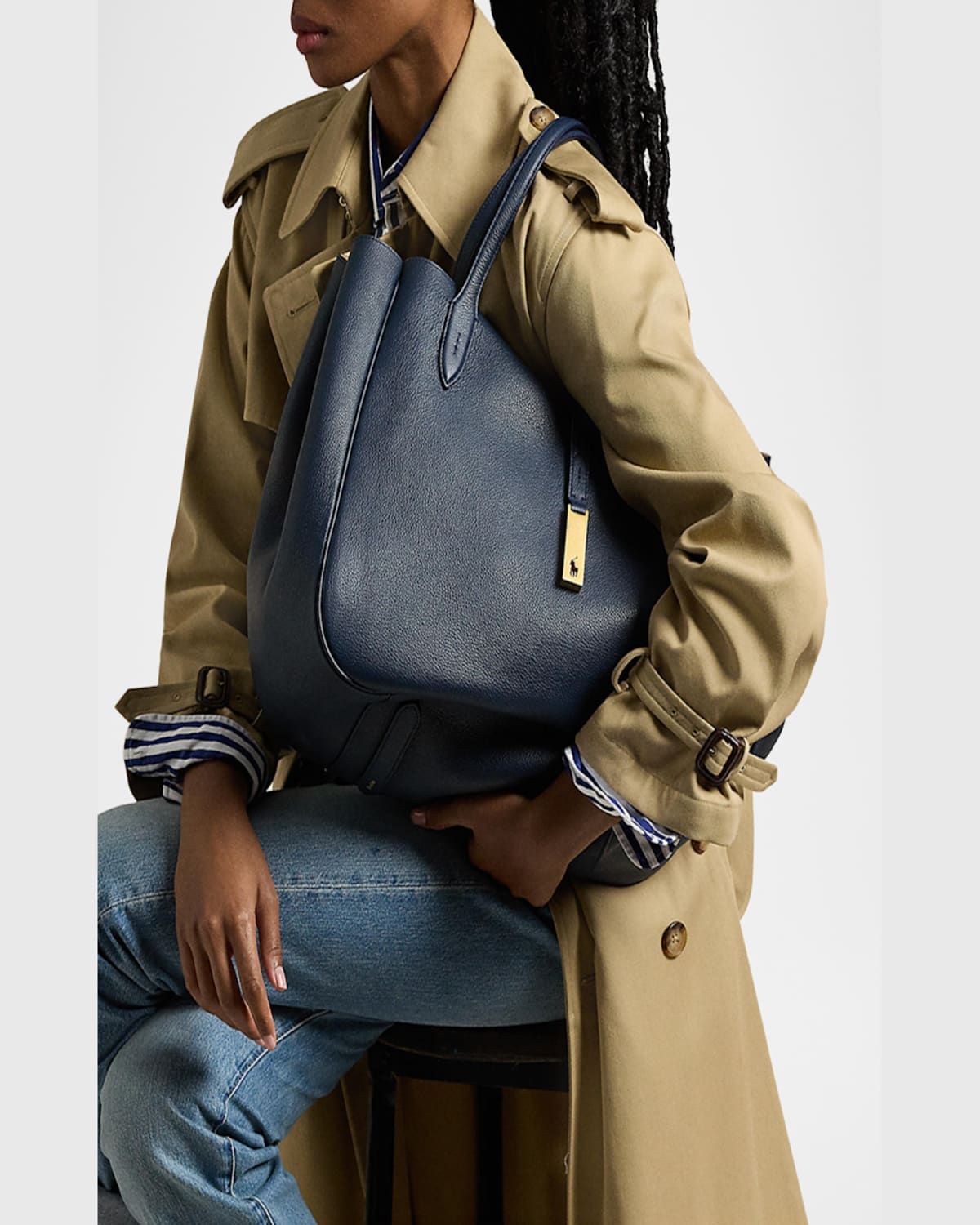 Polo Ralph Lauren Medium Grain Leather Tote Bag In Marine Navy
