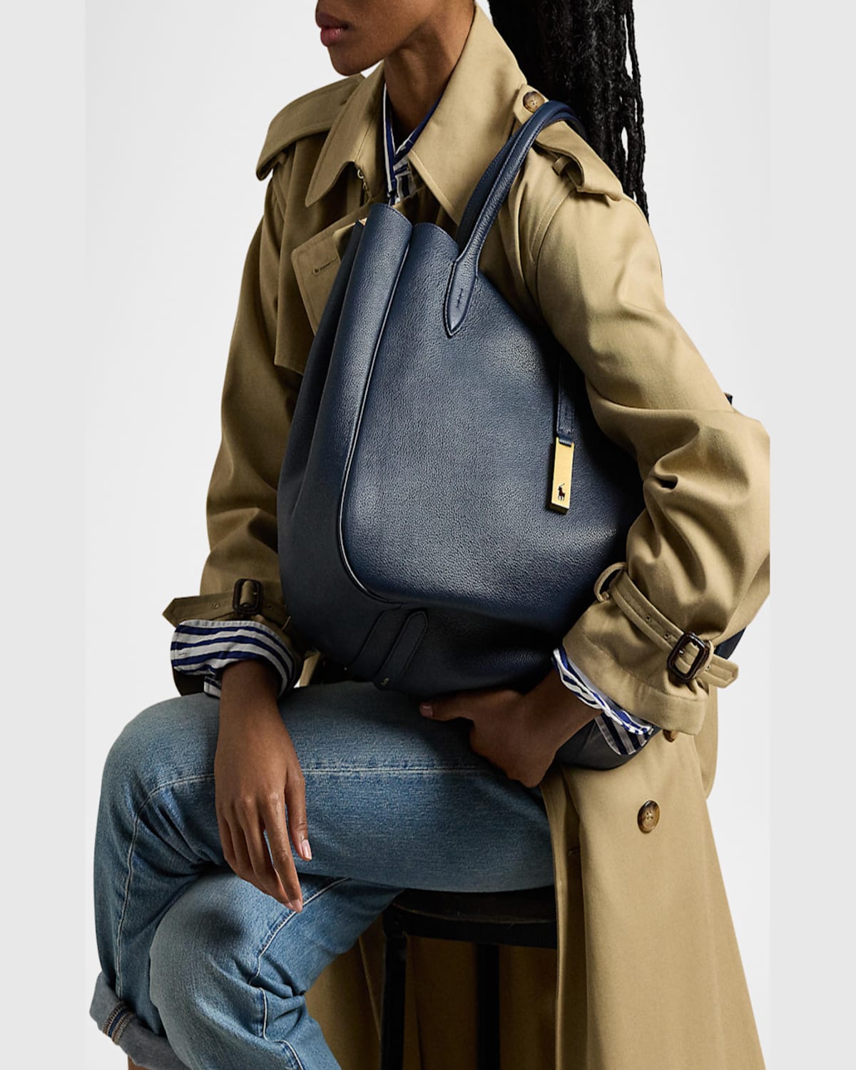 Polo Ralph Lauren Medium Grain Leather Tote Bag In Marine Navy