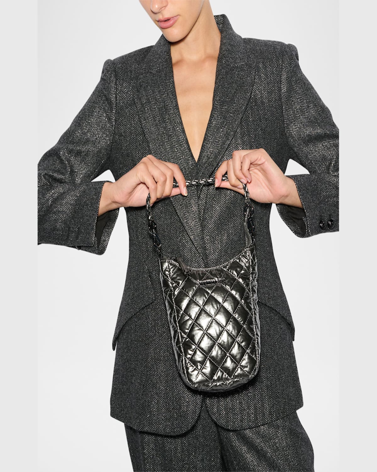 Mz Wallace Crosby Go Metallic Quilted Crossbody Bag In Pewter