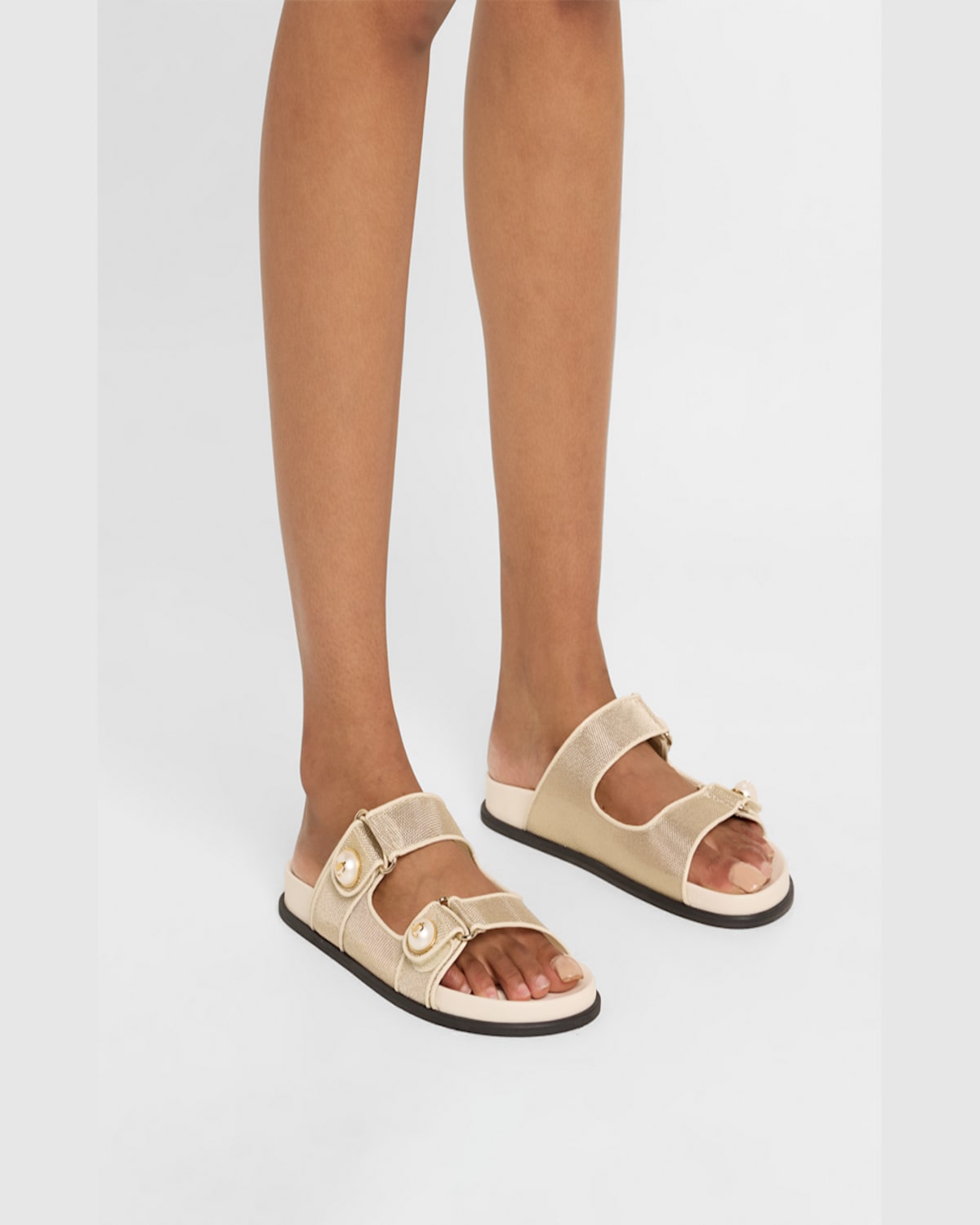 Jimmy Choo Fayence Metallic Pearly-button Slide Sandals In Champagne Latte