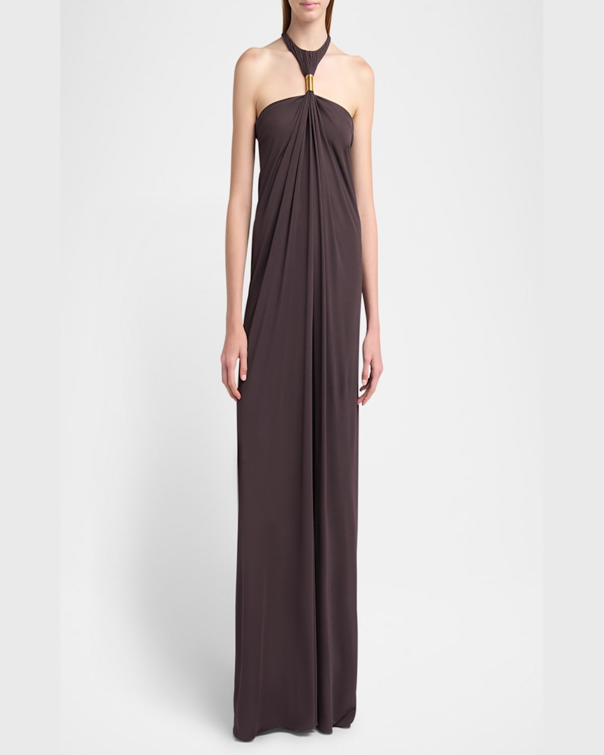 Tom Ford Metal Gathered Halter Evening Dress In Dusty Brow